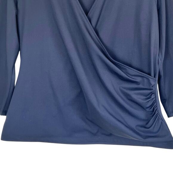 Ann Taylor Sz L Black Refined Stretch Wrap Top 3/4 Sleeve Fitted Feminine Office - Picture 4 of 16